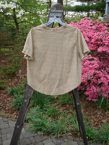 1996 Woven Boardwalk Top Unpainted White Pine Gingham Size 2 on a wooden hanger, showcasing gathered ruffle neck, sleeve lines, and rounded hem, highlighted by bust line darts and a wide, rounded shape.
