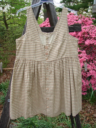1996 Woven Roadside Jumper Unpainted White Pine Gingham Size 2 displayed on a wooden structure, highlighting its squared-off neckline, wooden buttons, blousy lower pleats, and empire waist seam.