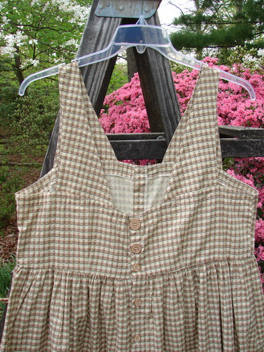 1996 Woven Roadside Jumper in Unpainted White Pine Gingham, size 2, displayed on a swing. Features wooden buttons, blousy lower with pleats, squared neckline, and empire waist seam.
