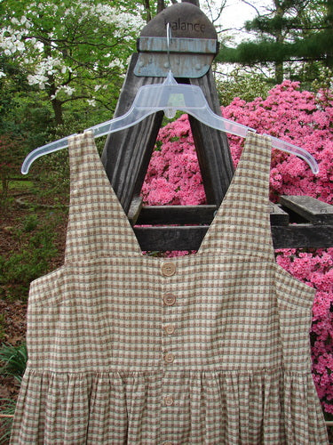 1996 Woven Roadside Jumper in Unpainted White Pine Gingham, Size 2, displayed on a swing with wooden buttons, pleated lower, squared neckline, and empire waist seam.