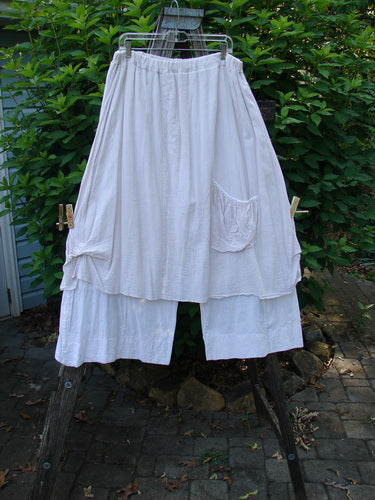 Barclay Gauze Batiste Single Pocket Pant Skirt Unpainted Pink Cloud Size 2 displayed on a clothing rack, featuring a flowing gauze overlay with a round bottom exterior pocket and elastic waistline.