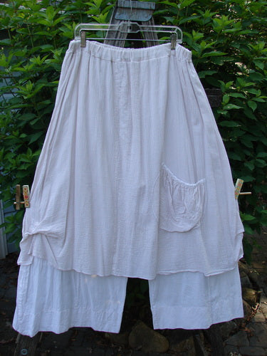 Barclay Gauze Batiste Single Pocket Pant Skirt Unpainted Pink Cloud Size 2 hanging on a clothesline, featuring a flowing gauze overlay, round bottom pocket, and billowy batiste flare.
