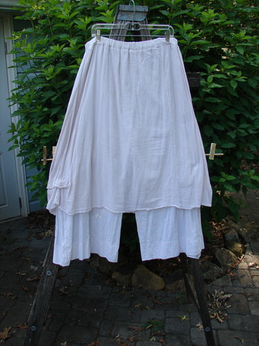 Barclay Gauze Batiste Single Pocket Pant Skirt in Unpainted Pink Cloud Size 2 displayed on a clothes rack, showcasing its flowing gauze overlay, billowy batiste flare, and unique offset exterior pocket.