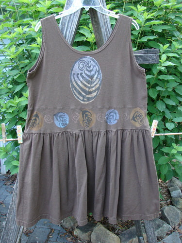 1993 Tier Dress Turn Shell Bark Size 1: Vintage tunic with a banded drop waist and flouncy lower, featuring a unique shell theme paint and baby doll pleats, exemplifying Bluefishfinder.com's timeless style.