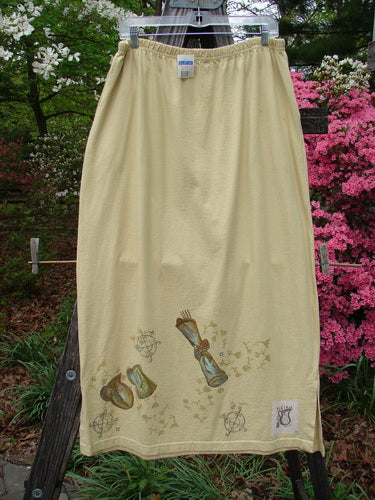 1999 NWT Side Vent Skirt Fancy Gathering Plantain Size 2, featuring a full elastic waistline, side vents, deep side pockets, and floral design in organic cotton.