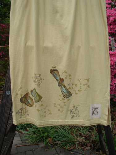 1999 NWT Side Vent Skirt Fancy Gathering Plantain Size 2, displayed on a clothesline, showcasing its organic cotton texture, full elastic waistline, side vents, and deep side pockets.