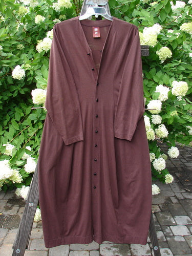 1998 Merino Pria Dress Unpainted Raisin Size 1, featuring a unique diamond cut, ribbed round neckline, long tapering sleeves, and shiny buttons, showcased on a hanger.