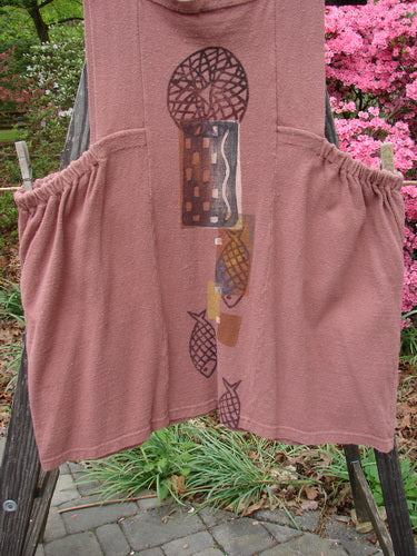 1995 Reprocessed Cottage Jumper Sea of Fish Clove Size 3 with thick shoulder straps, sectional bib, elastic side accents, and two oversized front pockets, showcasing a playful fish pattern.