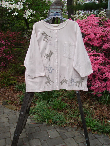 1995 Stargazer Jacket Chair Row Atom China OSFA on a hanger, featuring chair row theme paint, oversized breast pocket, shallow rolled neckline, paper buttons, side vents, drop shoulders, and mid-weight cotton.