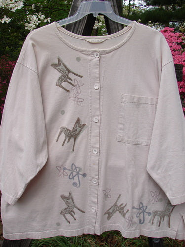 1995 Stargazer Jacket Chair Row Atom China OSFA: A vintage white shirt with an artistic drawing, featuring an oversized painted breast pocket, shallow rolled neckline, and original buttons.