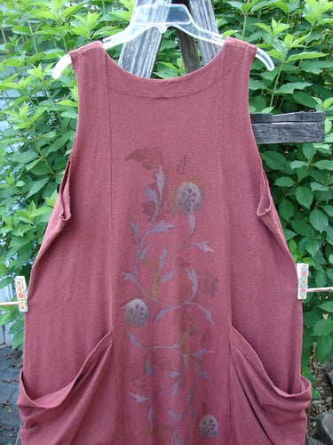 Barclay Cotton Hemp Double Drop Pocket Jumper Curl Vine Cinnabar Size 0, highlighting an A-line shape with oversized wrap pockets, square V neckline, and artistic vine design, reflecting Bluefishfinder.com's unique vintage style.