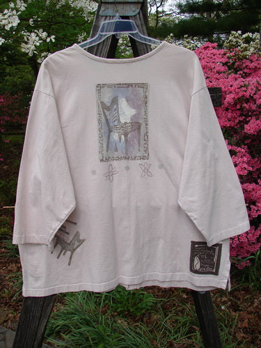 1995 Stargazer Jacket Chair Row Atom China OSFA: Vintage white shirt with chair row theme painting, oversized breast pocket, shallow rolled neckline, paper buttons, side vents, drop shoulders, mid-weight cotton.