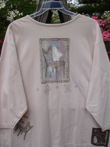 1995 Stargazer Jacket Chair Row Atom China OSFA: White shirt with painted chair row theme, oversized breast pocket, shallow rolled neckline, side vents, drop shoulders, and original paper buttons.