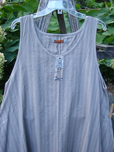 Barclay NWT Percale Hado Shift Stripe Moon Rock Sand Size 1: A loose-fitting, sleeveless dress with vertical pinstripes, featuring a scoop neckline and A-line shape, displayed on a hanger.