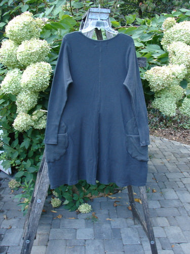 Barclay NWT Thermal Cloud Forest Pocket Tunic in Smoke features a round neckline, long sleeves, and A-line flare with patch pockets, displayed on a wooden stand outdoors.