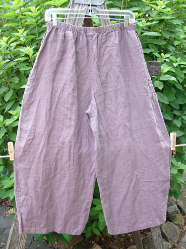 Barclay Linen Every Day Curve Pant in Dusty Plum, hanging on a fence, showcases a billowing fall with curved panels, thick elastic waistline, and slight crop length, perfect for versatile styling.