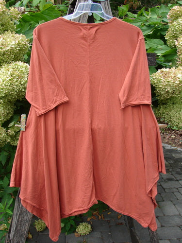 Barclay NWT Origami Tunic Top Berrie Patch Orange Cachi Size 0 draped on a hanger, showcasing its unique widening tunic length, oval neckline, raw flutter edgings, and artistic berry patch theme against a natural outdoor backdrop.