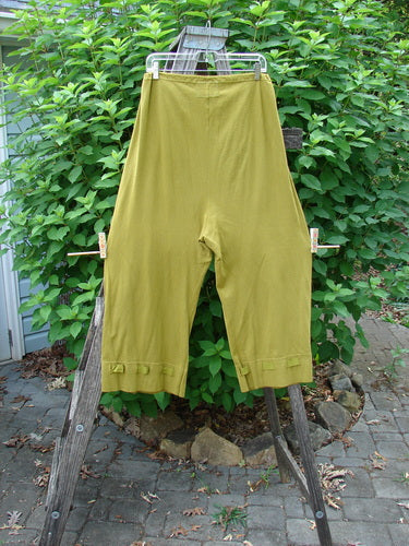 Barclay Bow Bottom Pantaloon Unpainted Green Olive Size 0 displayed on clothespins, featuring a full elastic waist, textured ribbon bows, and buttonhole accents, embodying Bluefishfinder.com's vintage style.