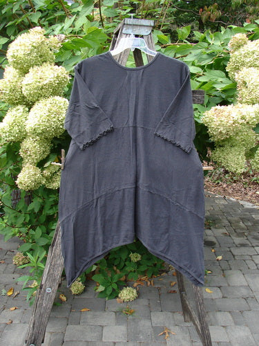 Barclay NWT Perfect Day Pocket Tunic Dress Script Daisy Black Sand Size 0 displayed against foliage, featuring asymmetric hem, elbow-length ruffled sleeves, oversized pockets, and a shallow V-neck with elastic gather.