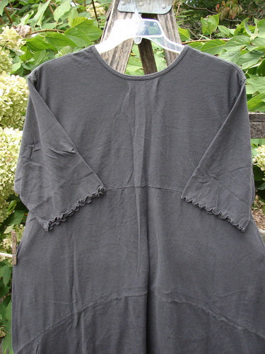 Barclay NWT Perfect Day Pocket Tunic Dress Script Daisy Black Sand Size 0, featuring three-quarter sleeves with ruffled edges, oversized pockets, and a unique hemline, displayed on a wooden stand.