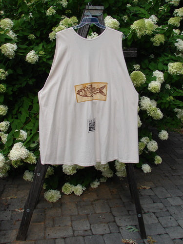 1992 Patched Triangle Vest with Vintage Dual Fish Patches on a white shirt rack.