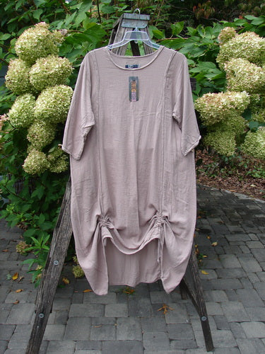 Barclay NWT Textured Batiste Linen Haystack Dress Unpainted Oriel Size 0 displayed on a wooden ladder, featuring elbow-length sleeves, round neckline, and drawstring hem gathers, embodying BlueFishFinder's vintage individuality style.