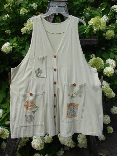 1994 Fishing Vest Magic Garden Aloe OSFA: A white vest with a design on it, featuring buttons and three front painted pockets.