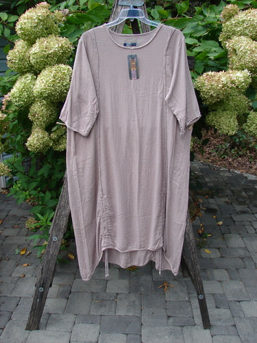 Barclay NWT Textured Batiste Linen Haystack Dress Unpainted Oriel Size 0, displayed on a wooden ladder, features elbow-length sleeves, a round neckline, and vertical drawcords, highlighting its airy, flowing design.