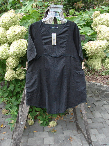 Barclay NWT Linen Pucker Heart and Soul Pocket Dress Unpainted Black Size 0 displayed on a ladder, showcasing its square yoke, patch pockets, and textured ribbed linen with flutter accents and curved empire waist.