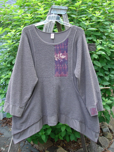 Barclay Patched Crepe Perennial Tunic Top Woods Bark Size 1 features a patchwork design with oversized patches, textured cotton crepe, curved empire waist, and banded sleeves, embodying Bluefishfinder's vintage style.