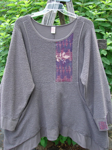 Barclay Patched Crepe Perennial Tunic Top Woods Bark Size 1, showcasing patchwork design, textured cotton crepe fabric, front drop wrap pockets, and unique S-shaped seams, reflecting Bluefishfinder.com's vintage style.