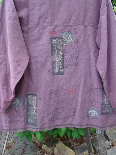 Barclay Hemp Cotton Metal Button Workshirt Asian Script Plum Wine Size 0, showcasing intricate Asian script designs, metal buttons, and contrasting stitchery, capturing the creative essence of Bluefishfinder.com’s vintage collection.