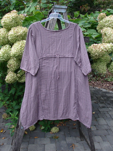 Barclay NWT Gauze Daily Pocket Dress Stripe Rose Earth Size 0 on a hanger, showcasing its three-quarter sleeves, scoop neckline, asymmetrical hem, and unique pinstripe pattern against a garden backdrop.