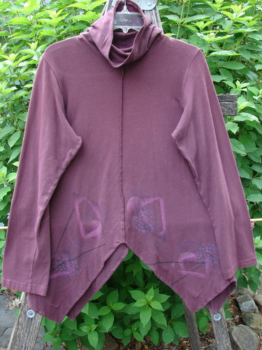 Barclay Cotton Lycra Symmetrical Turtleneck Top Galaxy Deep Burgundy Size 0 features a unique pointed hemline, vertical exterior stitching, banded hem, and long sleeves, embodying Bluefishfinder.com's vintage style.
