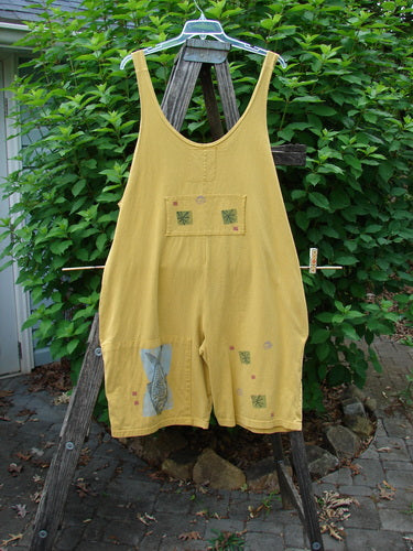 1991 Farmer Brown Overall Pant Jumper Vintage Fish Goldenrod OSFA displayed hanging on a clothesline, showcasing its unique painted pockets, generous shoulder straps, and distinctive drop bushel front pockets, exemplifying vintage charm.