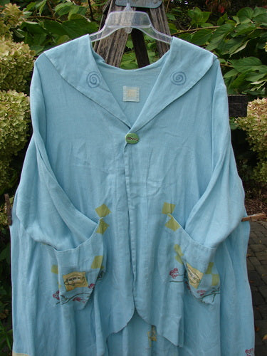 1999 Linen Breeze Jacket Tea & Cherries Spring OSFA features a light-blue, loose-fitting design with a sailor collar, single button closure, and appliqué-decorated pockets, capturing Bluefishfinder.com's vintage, expressive style.