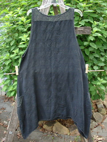 Barclay Linen Lace Two Pocket Pinafore Metallic Travel Black Size 0, featuring a window lace back neckline and deeper arm openings, hangs against a backdrop of outdoor elements.