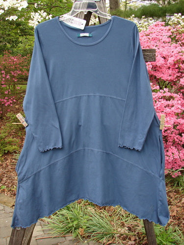 Barclay NWT Cotton Lycra Shape Dress Unpainted Indigo Size 2 displayed hanging outdoors, showcasing long sleeves, rounded neckline, and varied hemline.