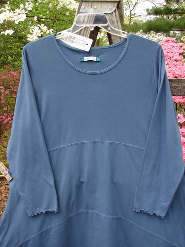 Barclay NWT Cotton Lycra Shape Dress Unpainted Indigo Size 2 displayed on a swinger, featuring a softly scooped neckline, long cozy sleeves, and an empire waist seam with deep inseam side pockets.