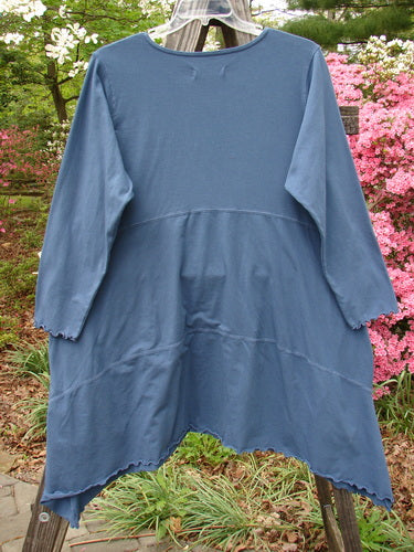 Barclay NWT Cotton Lycra Shape Dress Unpainted Indigo Size 2 displayed on a hanger, showcasing long sleeves, soft scoop neckline, empire waist seam, deep inseam side pockets, and a varying hemline.