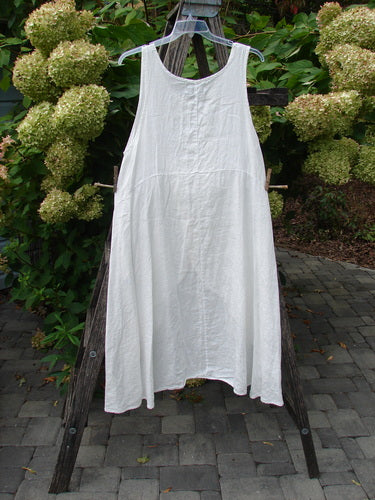 Barclay NWT Linen Tulip Midlayer Overpiece Unpainted White Size 0 hangs on a rustic wooden ladder outdoors, showcasing its layered crossover front, curved empire waist, and sweeping A-line flare.