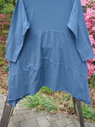 Barclay NWT Cotton Lycra Shape Dress Unpainted Indigo Size 2 displayed on a mannequin, showcasing a rounded neckline, long sleeves, empire waist seam, and varying hemline with deep inseam side pockets.