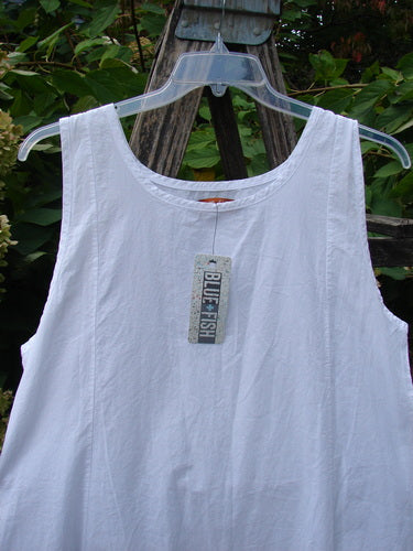 Barclay NWT Retro Pinch Shift Unpainted White Buttercup Size 1, featuring a simple, loose-fitting design with a rounded neckline, wide A-lined hem, and vertical panels, displayed on a hanger.
