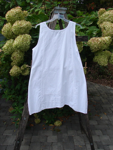 Barclay NWT Retro Pinch Shift Unpainted White Buttercup Size 1, featuring a loose fit with a rounded neckline, wide A-line hem, and vertical sectional panels, displayed on a wooden easel outdoors.