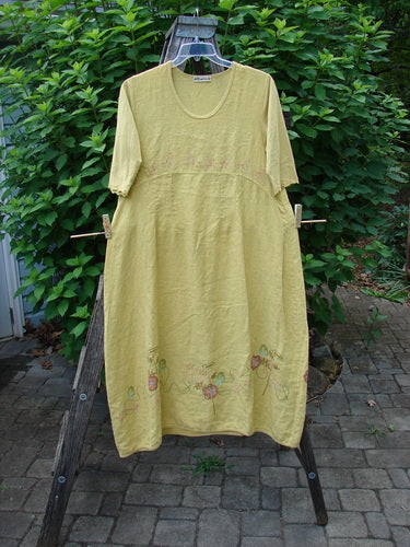 Barclay Linen Cotton Sleeve Banded Hem Pleat Dress, featuring sectional pleats and a daisy path theme, displayed on a clothes rack. Ideal for showcasing Bluefishfinder.com's dedication to unique, expressive vintage fashion.