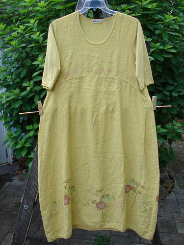 Barclay Linen Cotton Sleeve Banded Hem Pleat Dress: Features a rounded neckline, vertical pleats, and a daisy path pattern, capturing Bluefishfinder.com's spirit of vintage, expressive fashion.