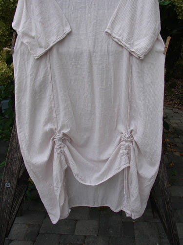 Barclay NWT Textured Batiste Linen Haystack Dress Unpainted Translucent Size 0. Features elbow-length sleeves, ruched hem, and drawcords, hanging outdoors on a line with foliage background.