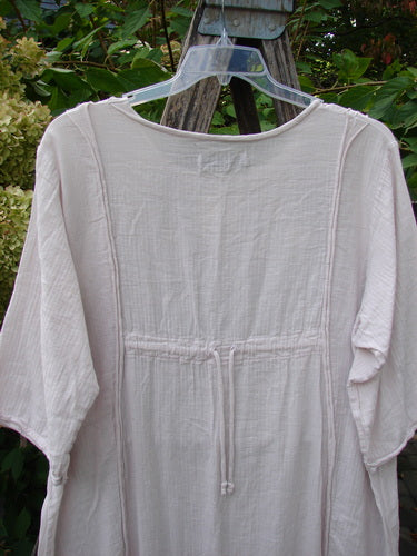 Barclay NWT Textured Batiste Linen Haystack Dress Unpainted Translucent Size 0, featuring elbow-length sleeves, drawstring waist, A-line shape, and raw-edged seams, hangs on a clear hanger.