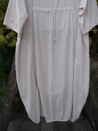 Barclay NWT Textured Batiste Linen Haystack Dress Unpainted Translucent Size 0 displayed outdoors; features include three-quarter sleeves, waist drawstring, A-line shape, and raw-edged seams, embodying Bluefishfinder.com's artistic vintage style.