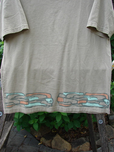 Barclay Short Sleeved Tee Stone Path Border Wheat Size 1: Features a rounded neckline, short sleeves, and a straight wide shape with a distinctive stone path border theme, embodying Blue Fish Clothing's vintage-inspired style.